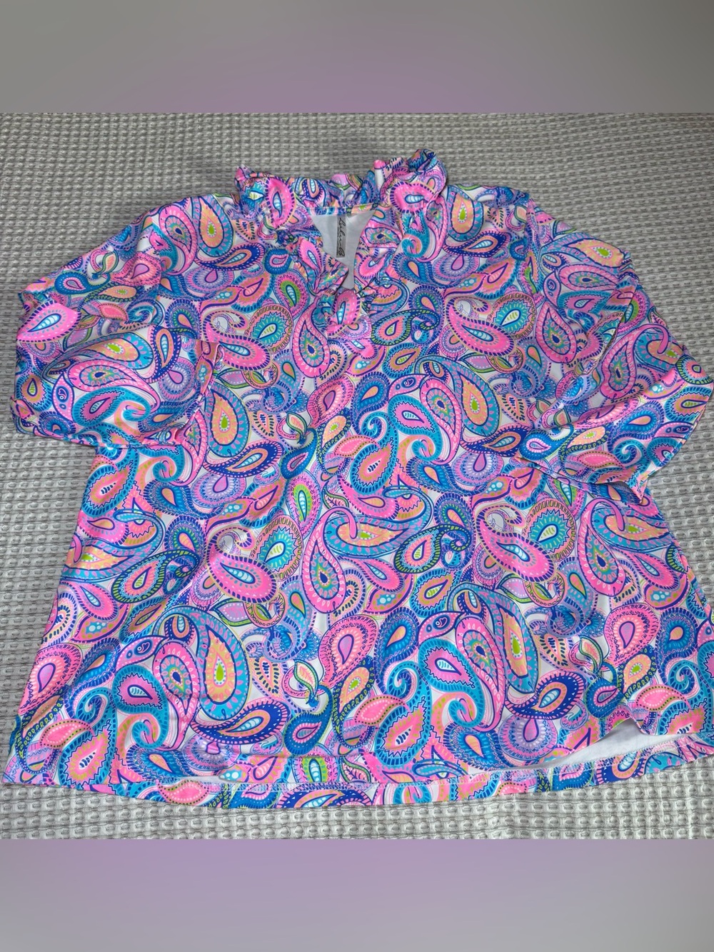 Lulu-B 3/4 Sleeve V Neck Ruffle Top Womens Size XL Vibrant Paisley UPF 50 Pink - Picture 3 of 8